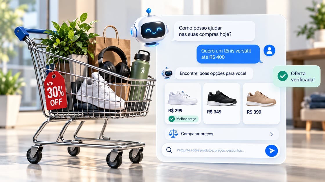 Carrinho de compras e interface de inteligência artificial comparando produtos e preços