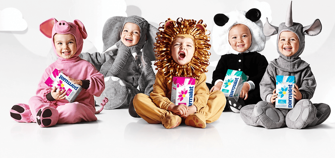 Crianças fantasiadas de animais na campanha Mamíferos da Parmalat